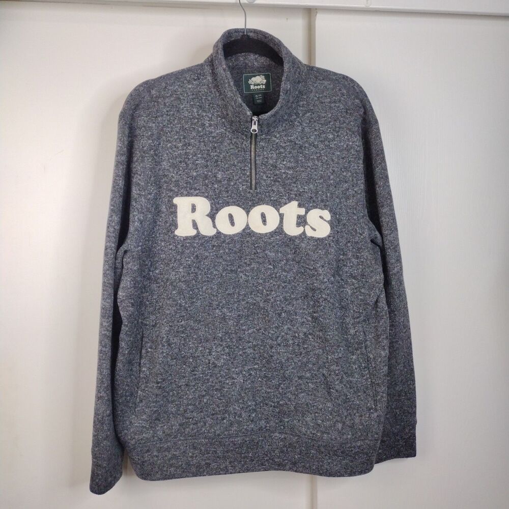 Roots 1/4 Zip Pullover Sweater Men's Sz XL Charcoal Black Grey Spellout Logo